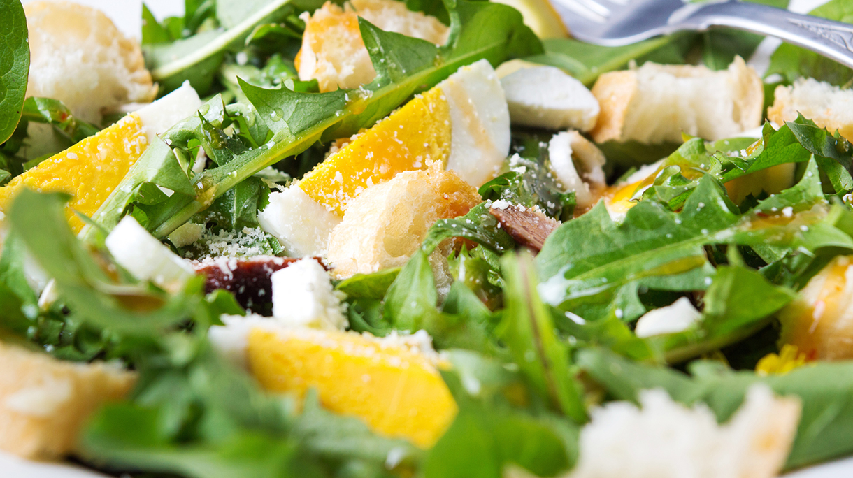 Dandelion leaves meal salad on a plate