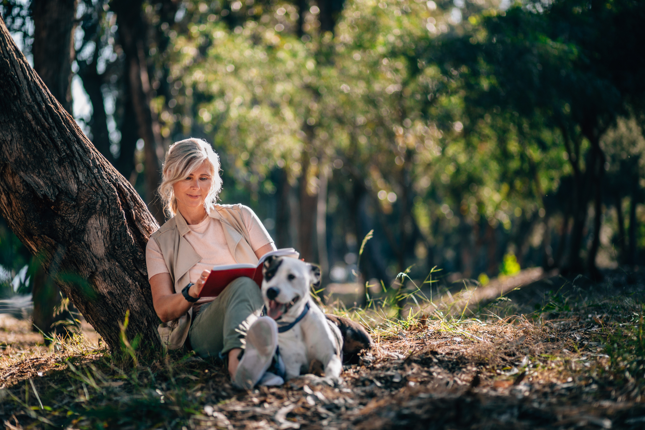 Senior woman relaxing in nature with book and pet dog