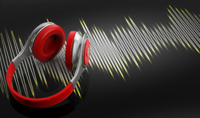 3d rendering headphones and sound wave on black background