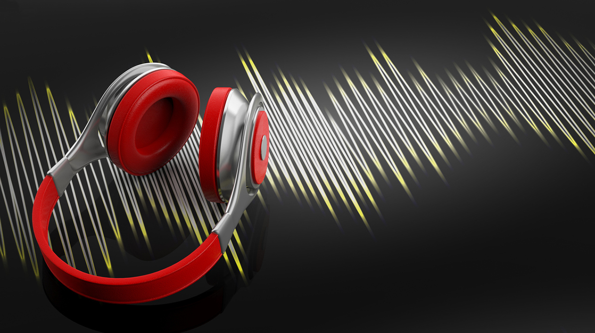 3d rendering headphones and sound wave on black background