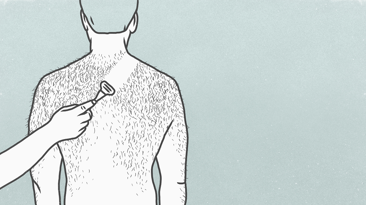 Woman shaving back of hairy man with razor