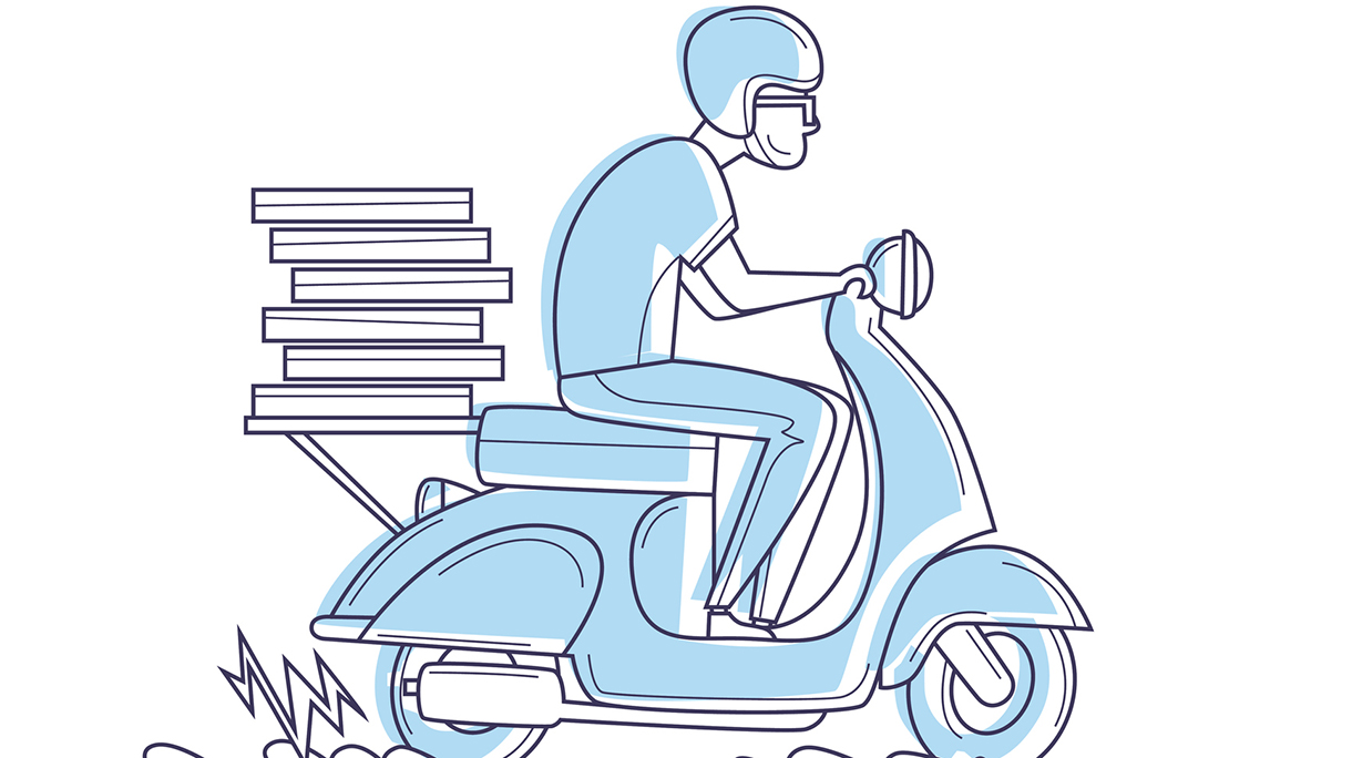 Delivery, the guy on the moped is carrying pizza thin line. Characters. Flat design vector illustration.