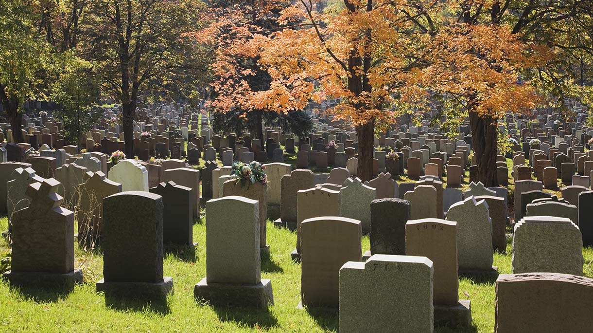 Gravestones at Notre-Dame-des-Neiges cemetery on Mount Royal in autumn; Montreal, Quebec, Canada