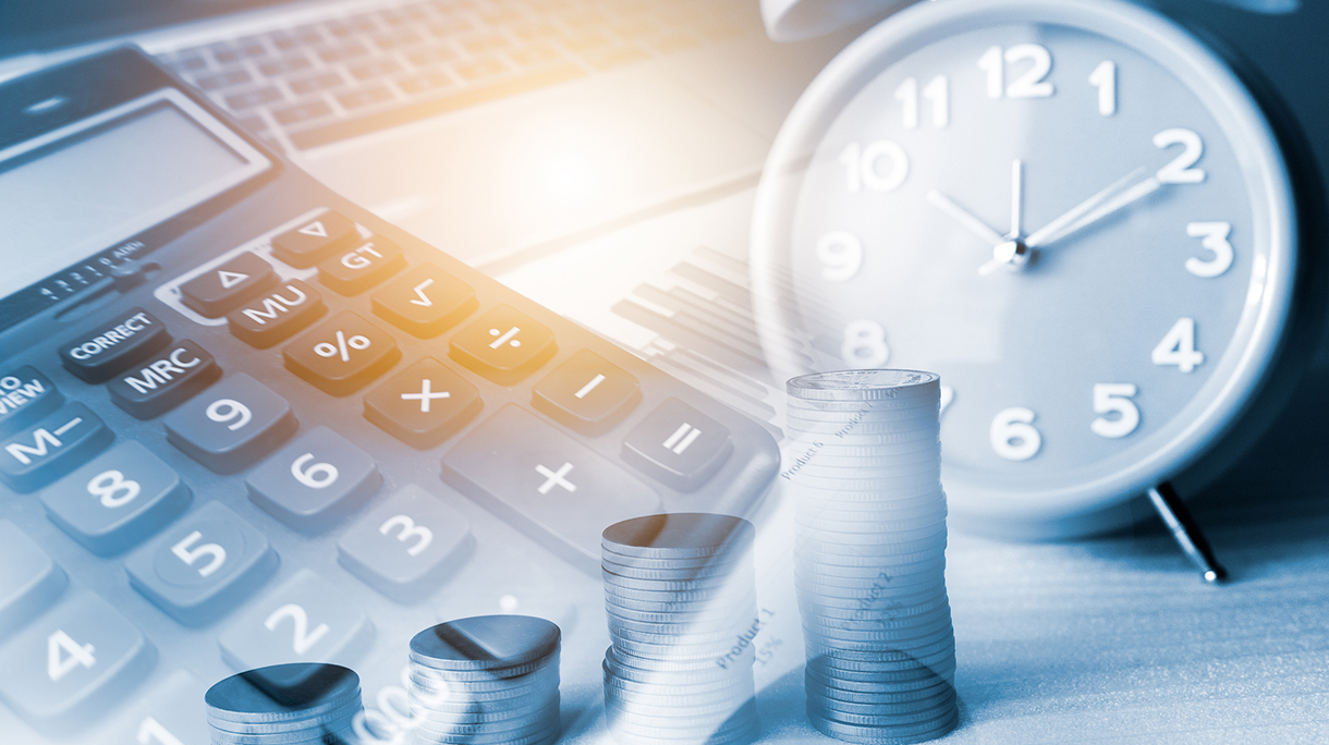 Time of saving value money : Coin calculator and clock, Idea of value to finance and saving money.