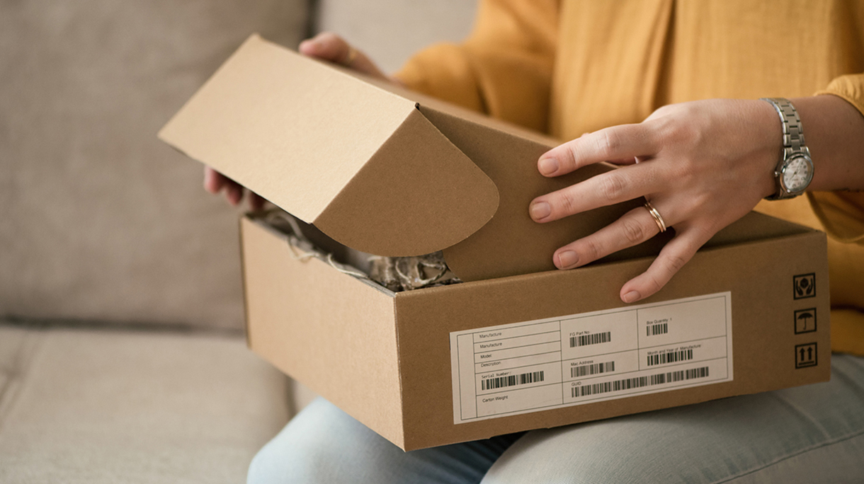 Young woman opening a package