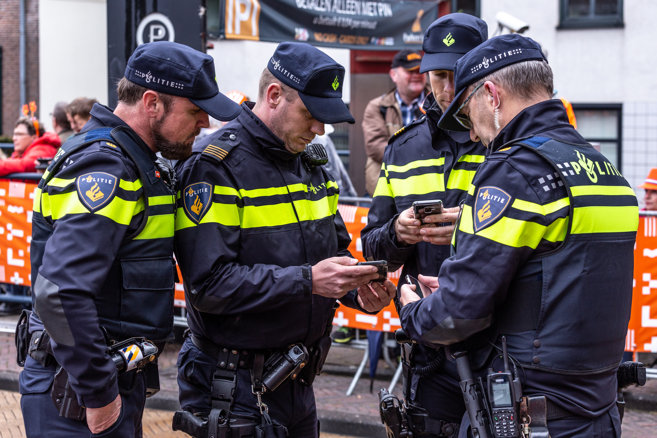 Dutch policeman in uniform are active during Koningsdag in Amersfoort-2019