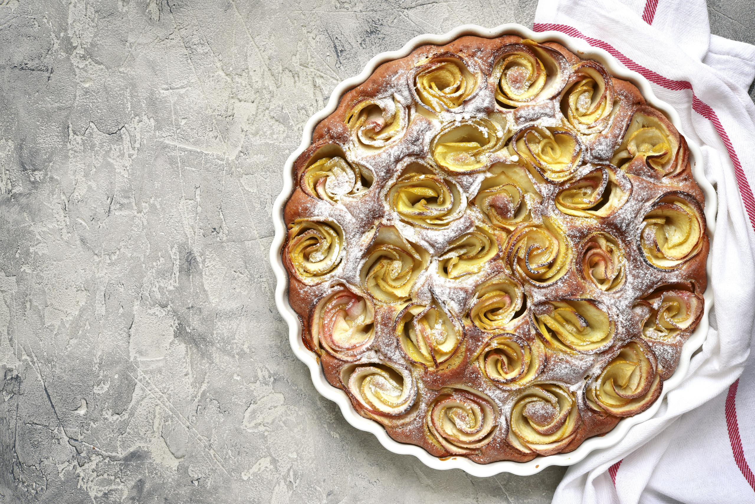 Homemade autumn pie with apple roses.Top view.