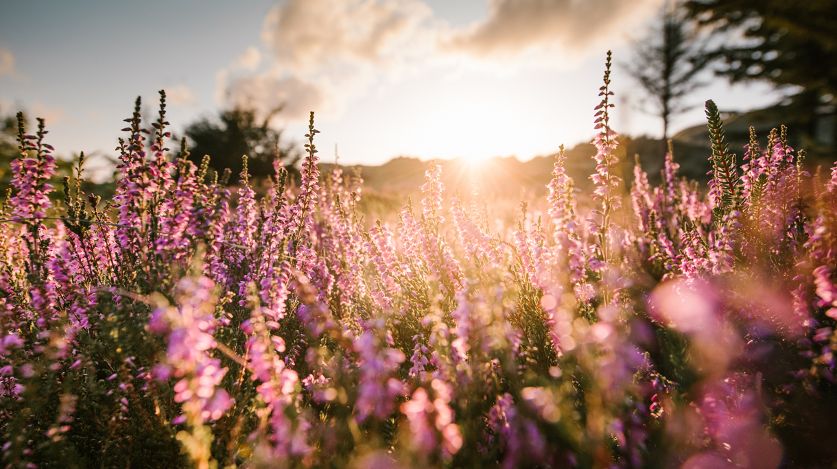 colorful heather at sunset