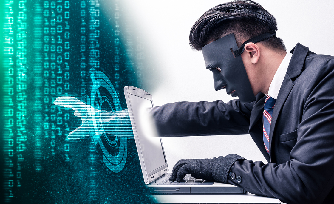 The abstract image of the hacker reach hand through a laptop screen for stealing the data as binary code. the concept of cyber attack, virus, malware, illegally and cyber security.