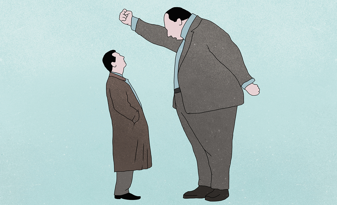 Large boss yelling at businessman on blue background
