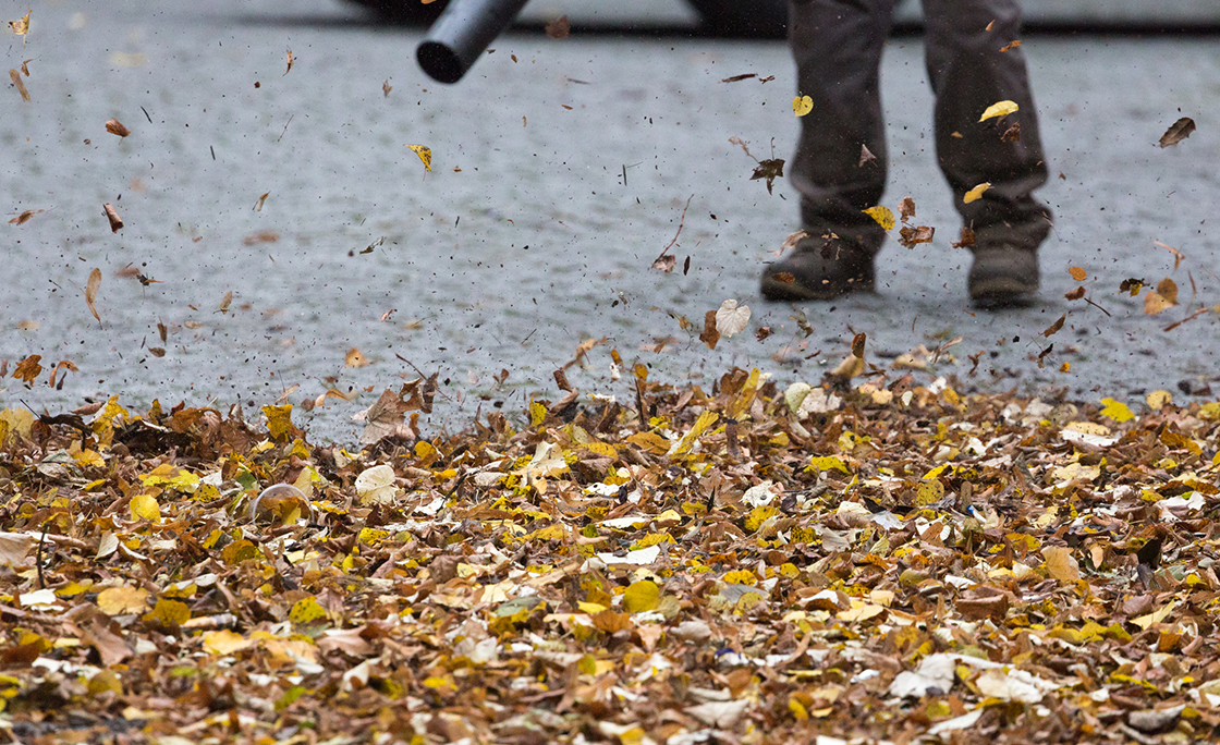 Low Section Of Worker Clearing Autumn Leaf On Footpath With Leaf Blower
