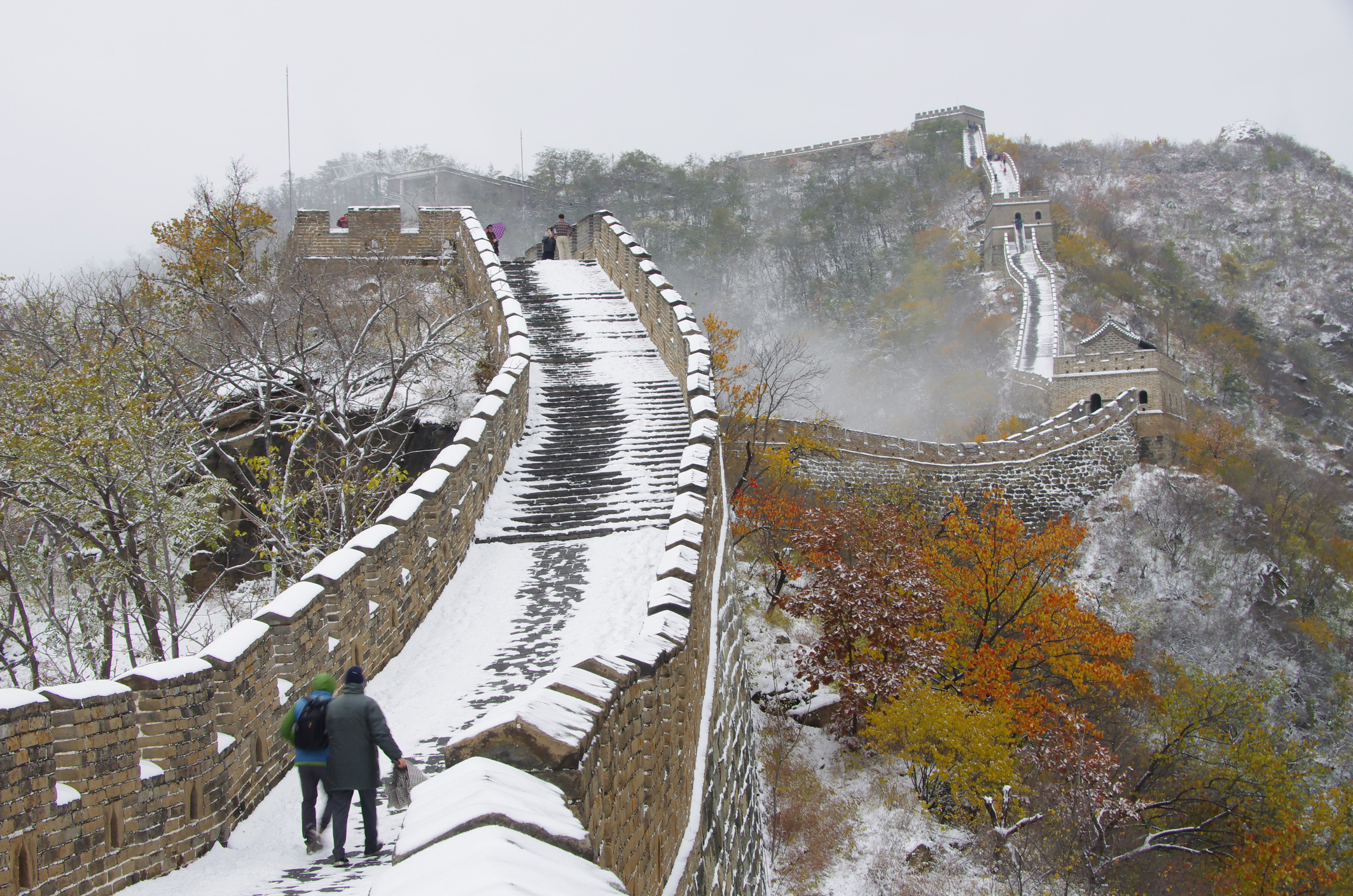 Hikers Walking At Great Wall Of China During Winter
