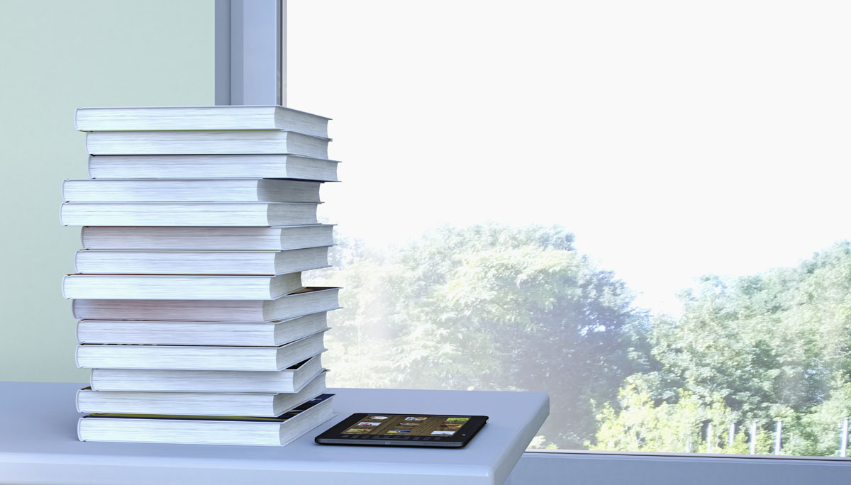 E-reader and stack of book lying on a table in front of a window, 3D Rendering
