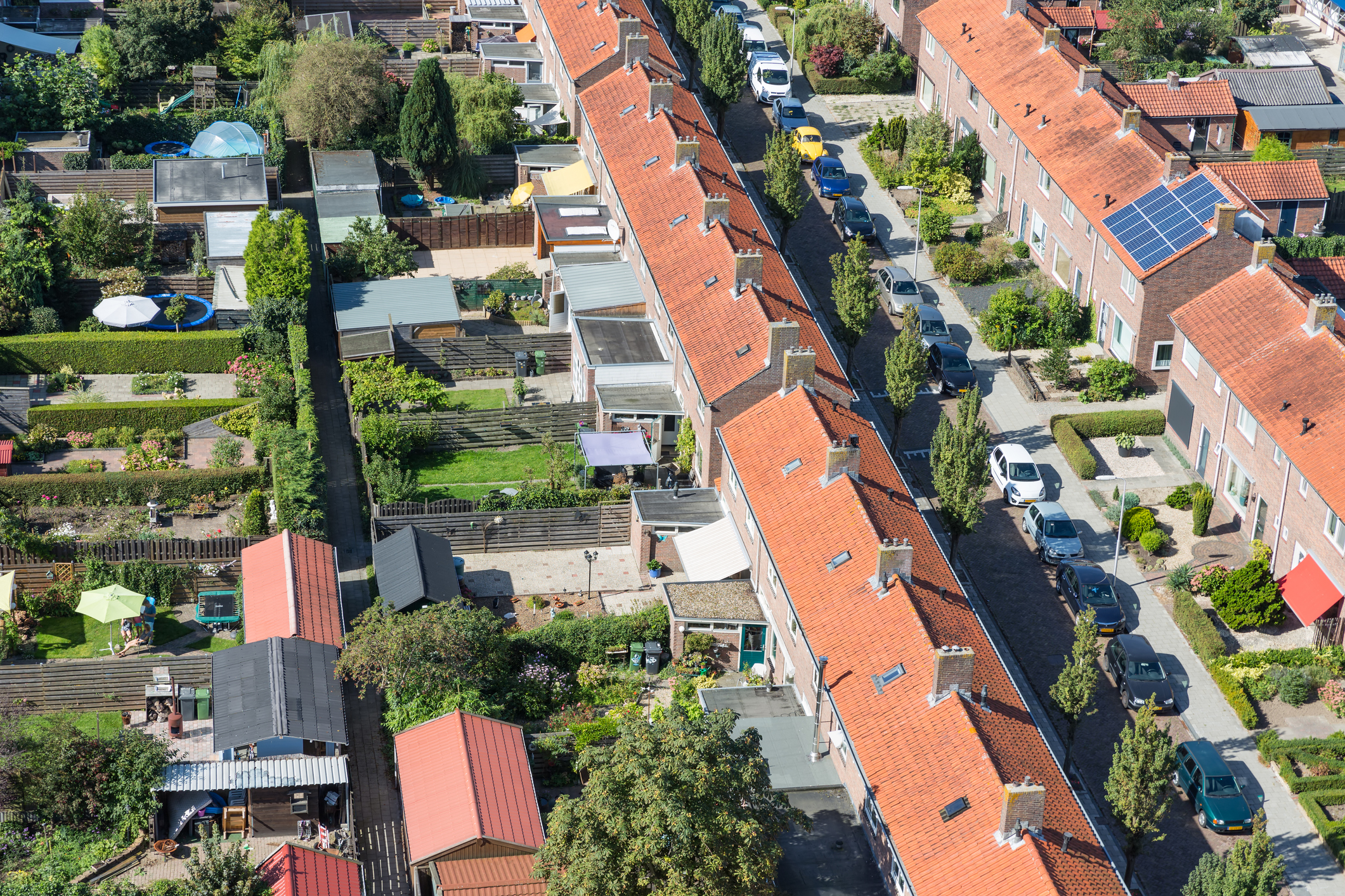 Aerial view family houses with backyards in Emmeloord, The Netherlands