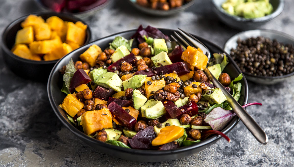 Superfood salad, avocado, beetroot, roasted chickpea, sweet potatoe, beluga lentil and blood orange