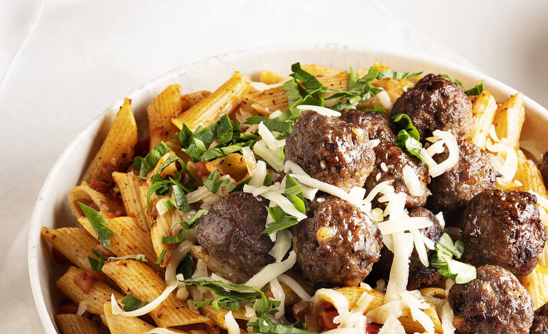 pasta and meatballs, Penne pasta with meatballs in tomato sauce, Penne Pasta with meatballs