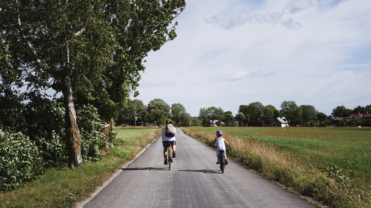 Father and daughter cycling in fields
