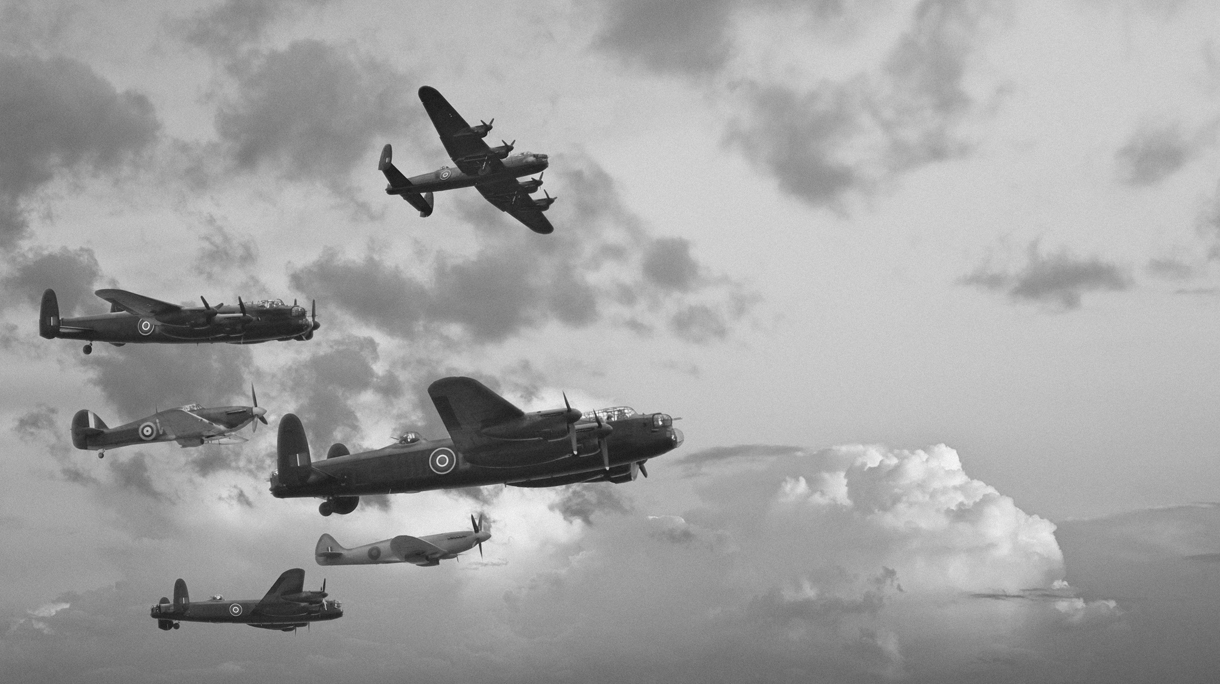 Black and white retro image Battle of Britain WW2 airplanes