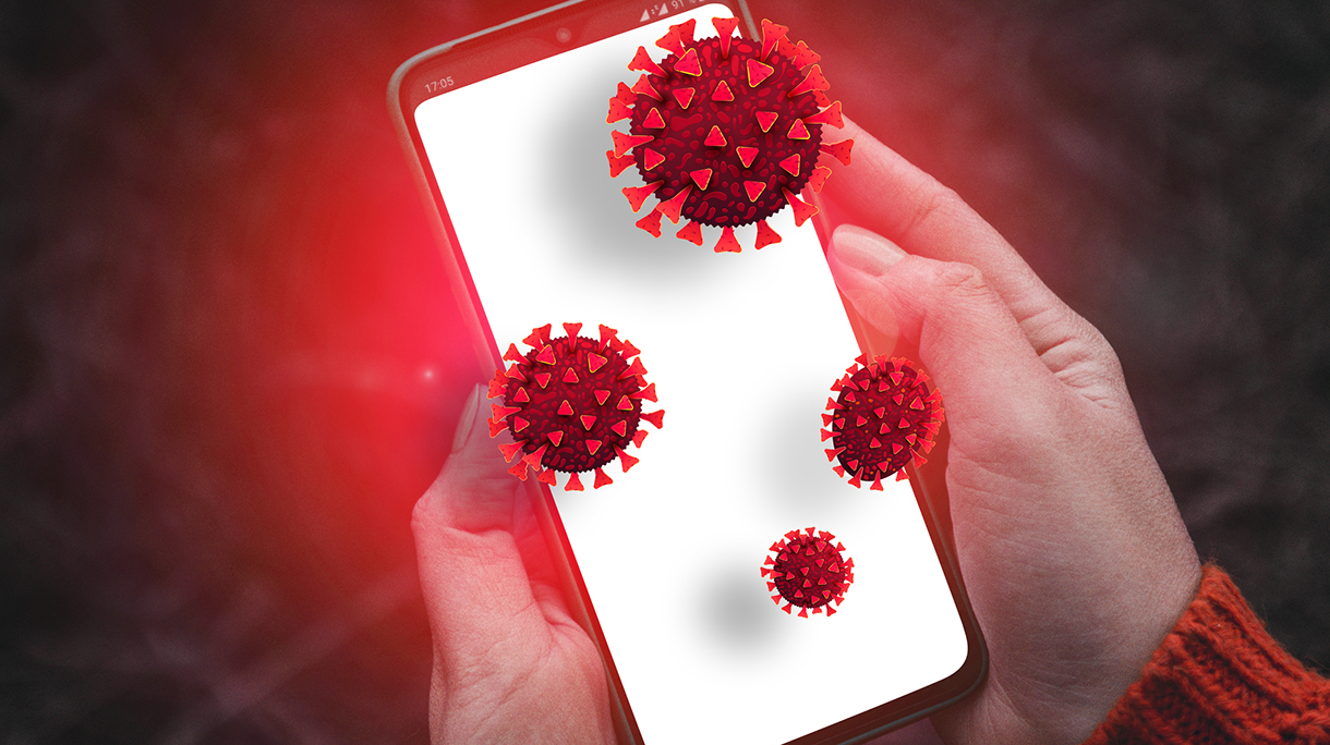 Person hands holding smartphone with dirty infectious bacteria and harmful germs on mobile smartphone display. Online hacker attack on confidential information or personal data