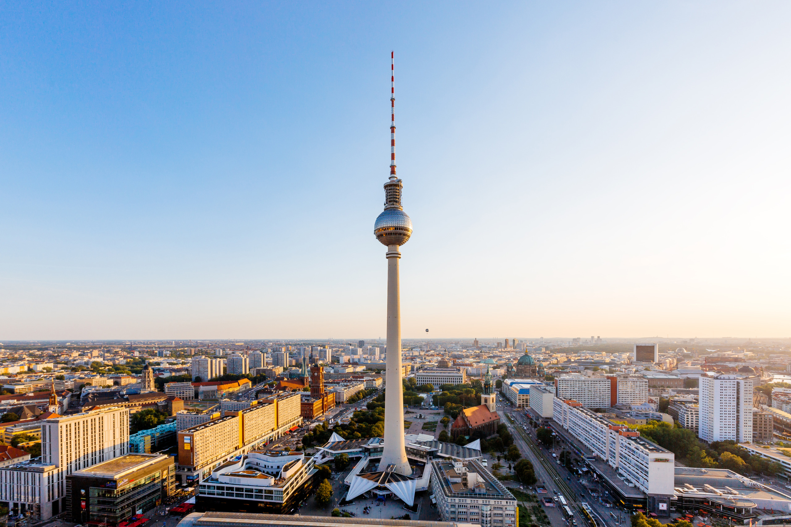 Aerial view of Berlin skyline with Frehnsehturm TV Tower, Berlin, Germany