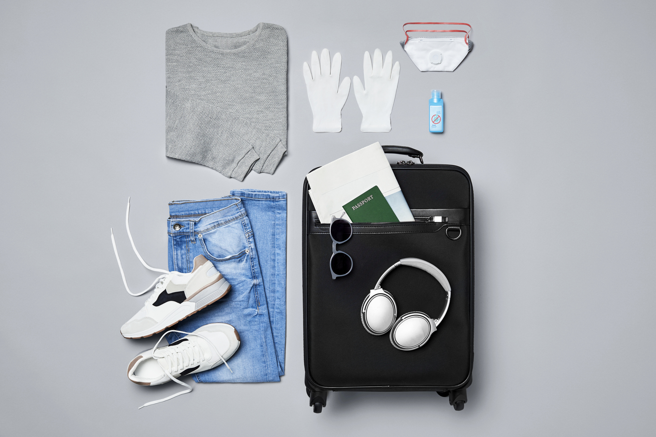 Traveler’s clothes and personal safety travel accessories against covid-19
