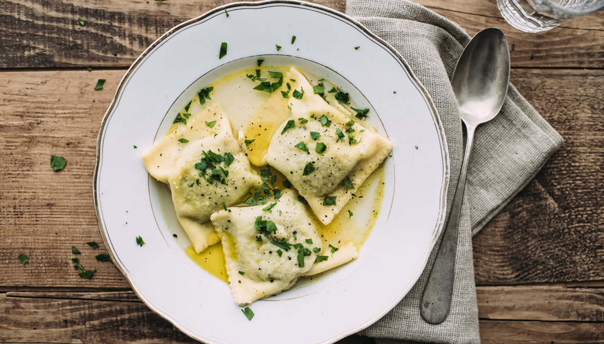 Vegetable ravioli in broth