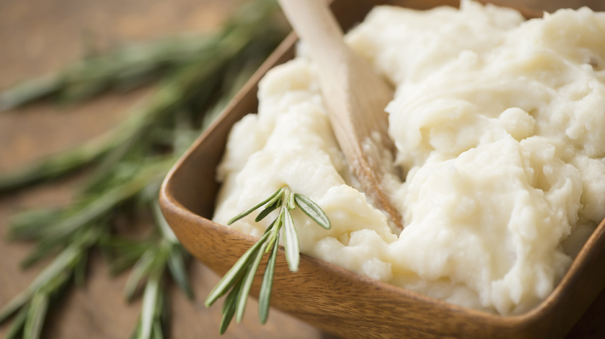 Close up of mashed potatoes and rosemary