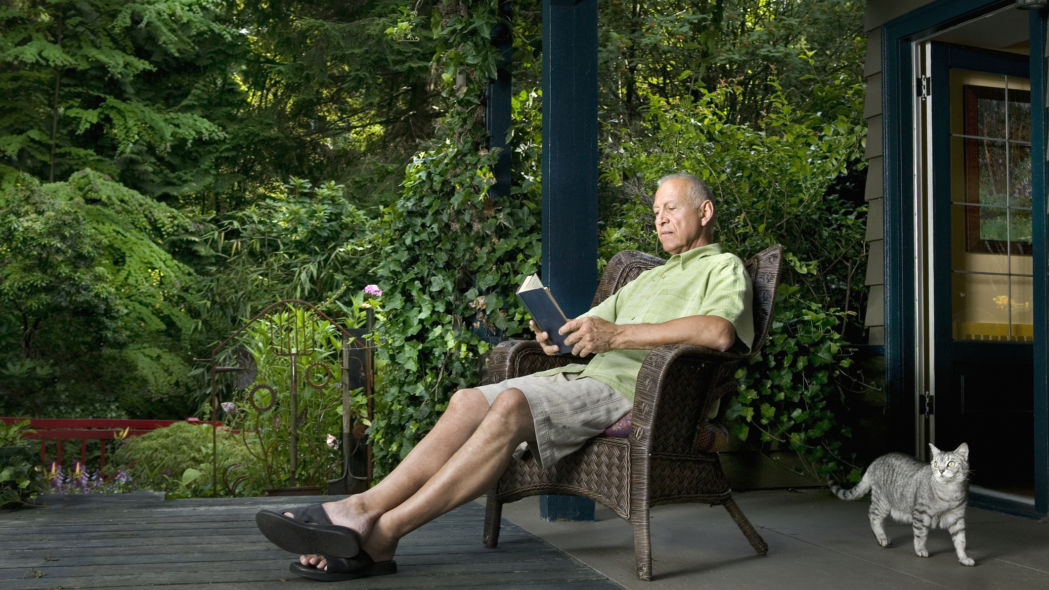 Senior man sitting on porch reading book, cat passing by