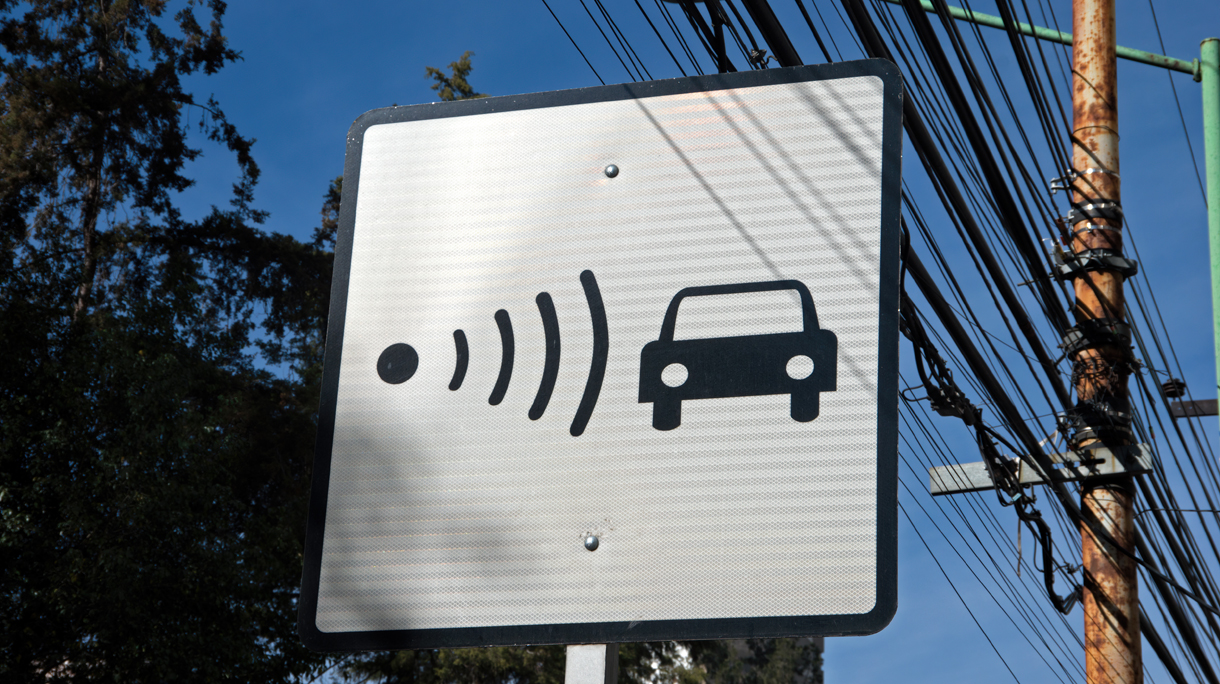Speed camera or radar ahead traffic warning sign in Mexico City, Mexico