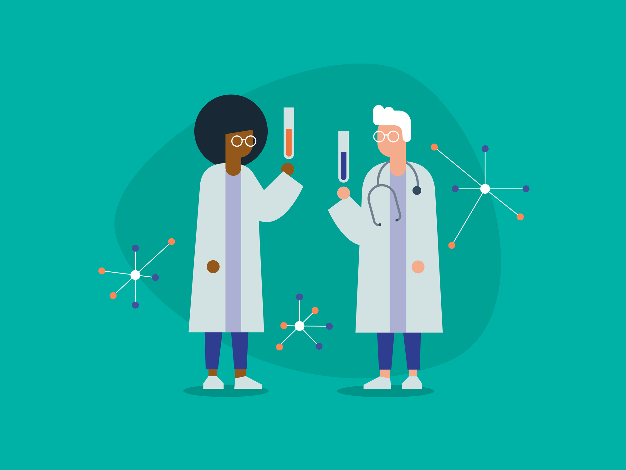 Illustration of two medical researchers with chemistry equipment