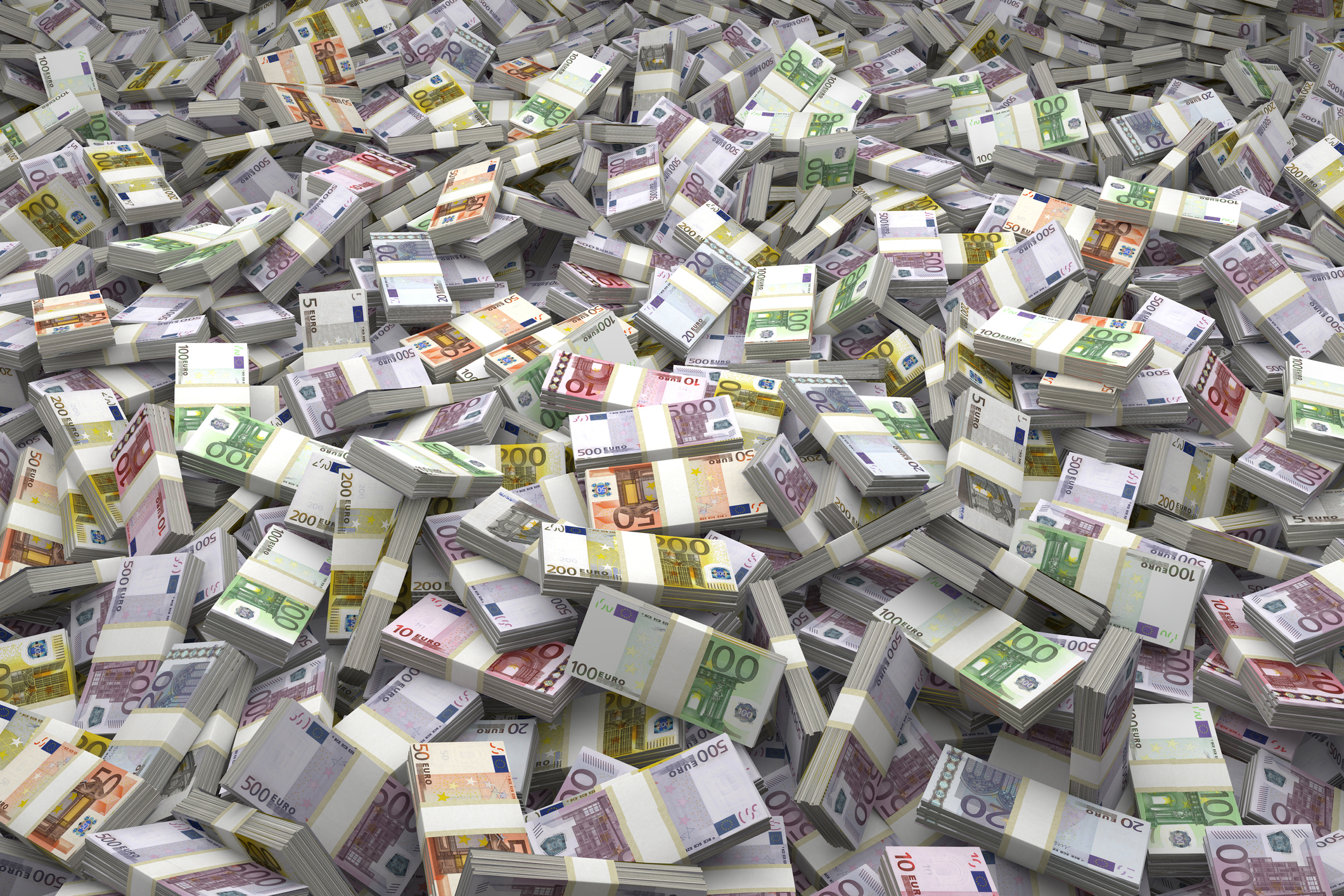 Money Pile Bundles of €500, €200, €100, €50, €20, €10, €5 Euro Notes