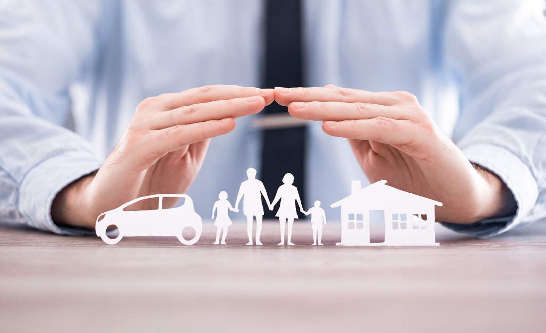 Insurance protecting family health live, house and car concept.