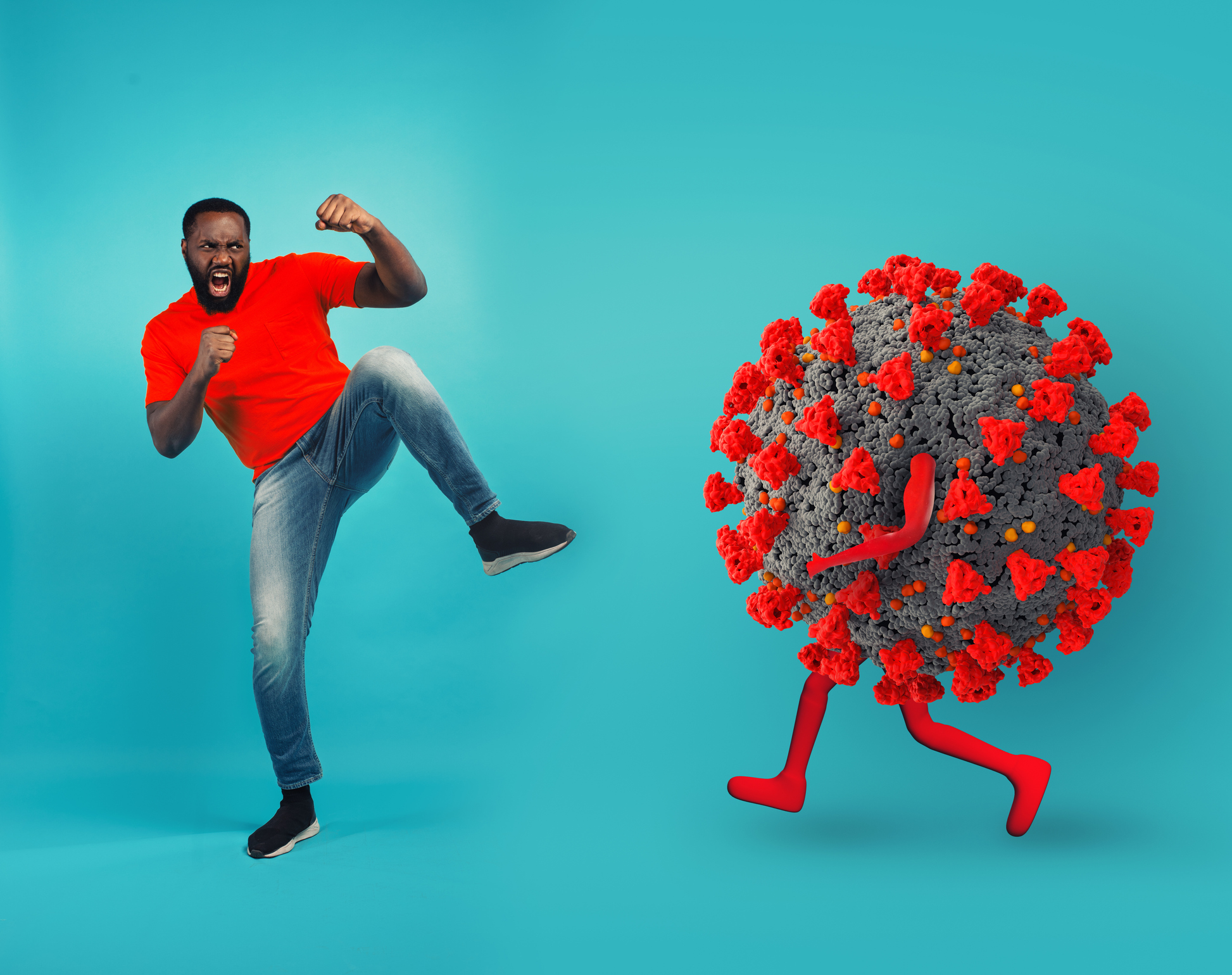 African-American man fighting with bare hands against a big virus on cyan background