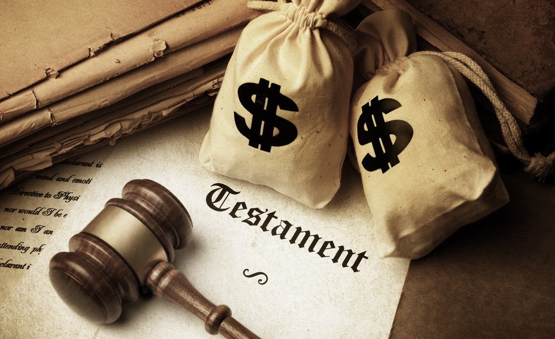 Testament gavel and sacks with dollar sign