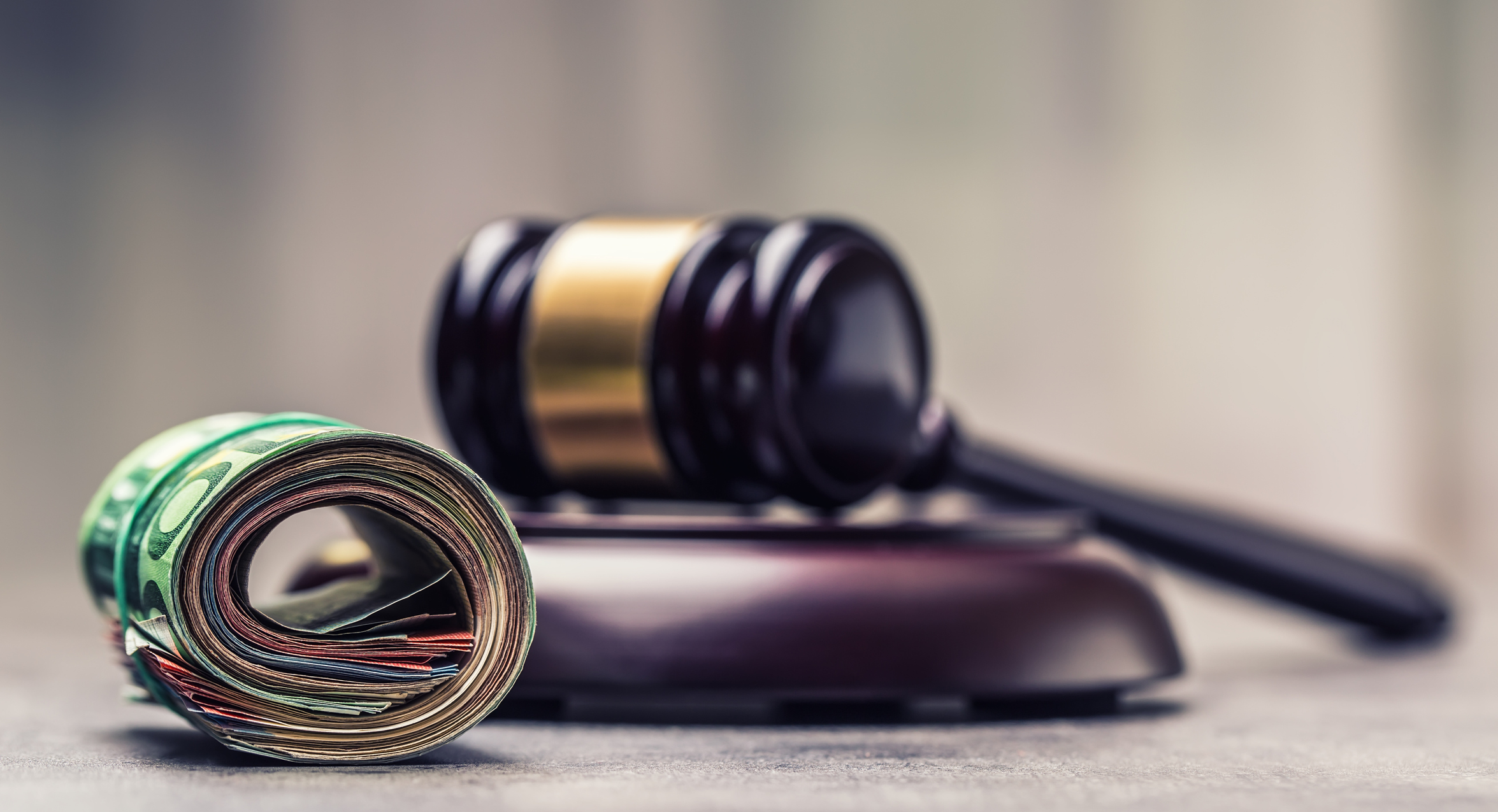 Judge’s hammer gavel. Justice and euro money.