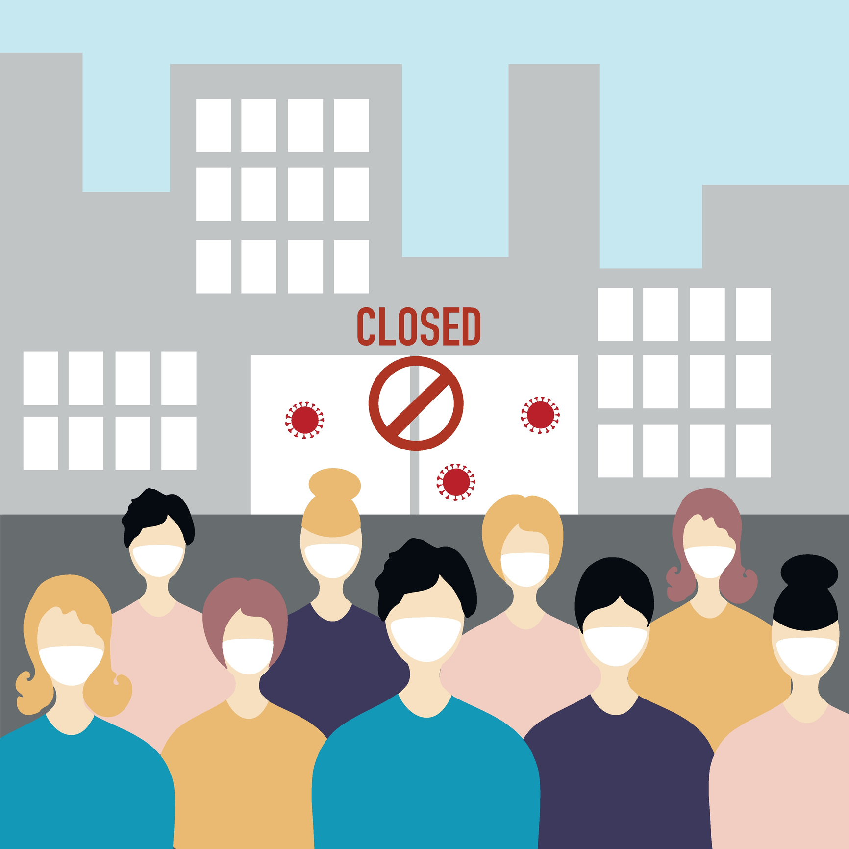 Coronavirus. Novel coronavirus 2019-nCoV, people in white medical face mask, them attacks the virus. Closing of factories and industries due to coronavirus concept