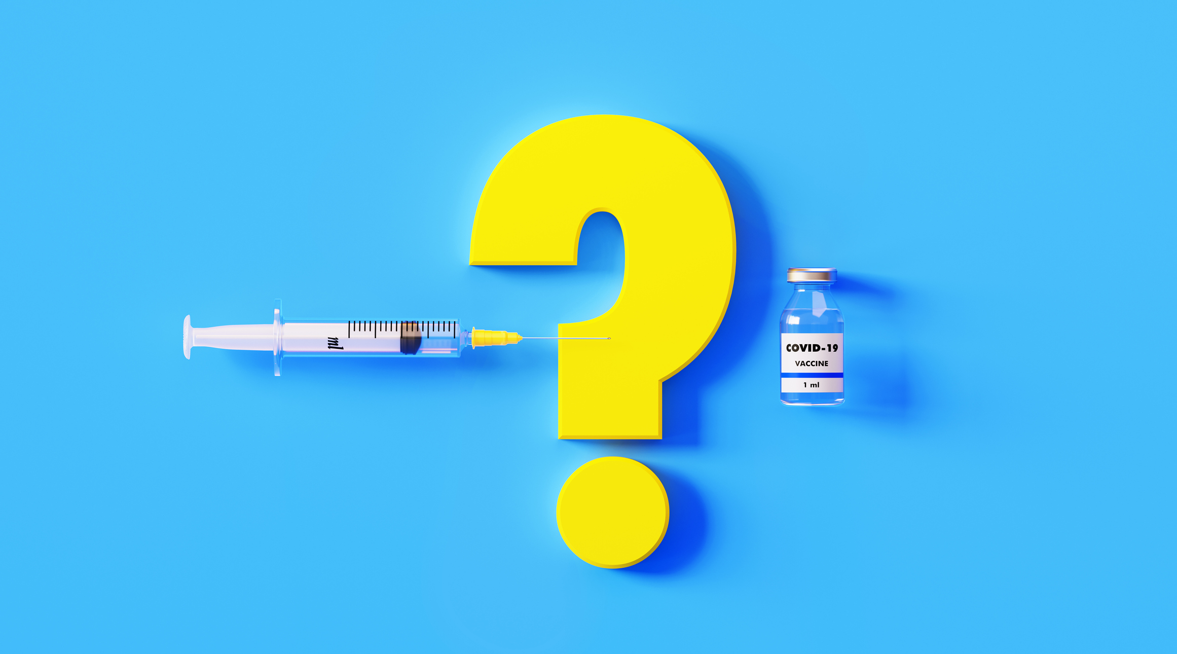 COVID-19 Vaccine Bottle Question Mark and Syringe on Blue Background