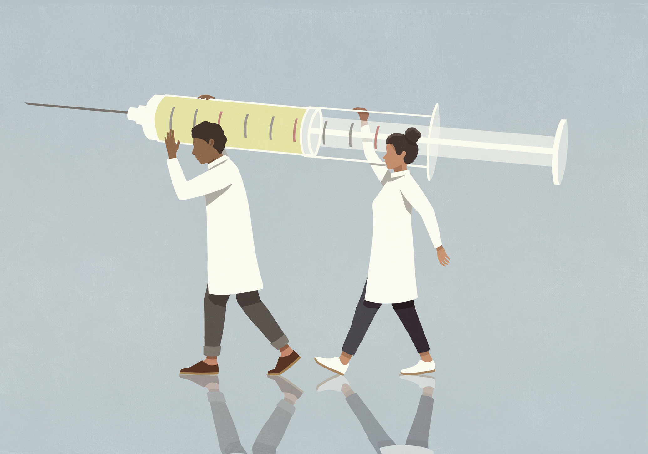 Doctors carrying large syringe