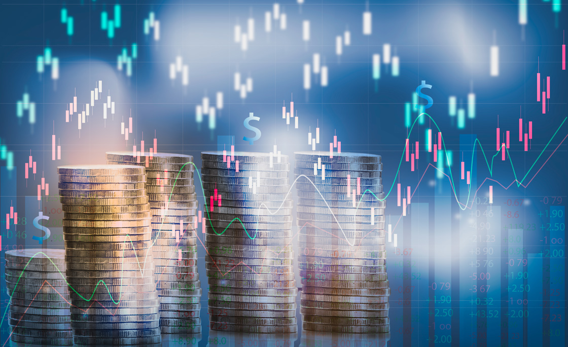 Graph on rows of coins for finance and banking on digital stock market financial exchange and Trading graph