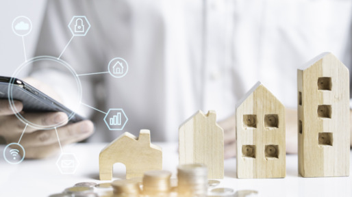 Concept of property mortgage and investment for a house background.