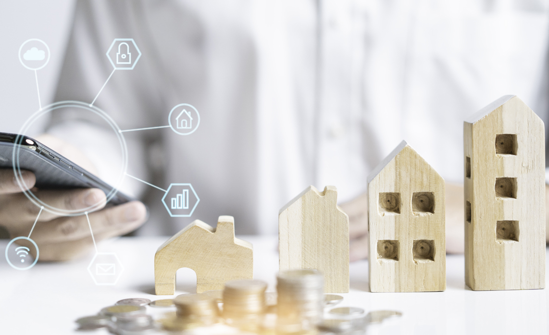 Concept of property mortgage and investment for a house background.