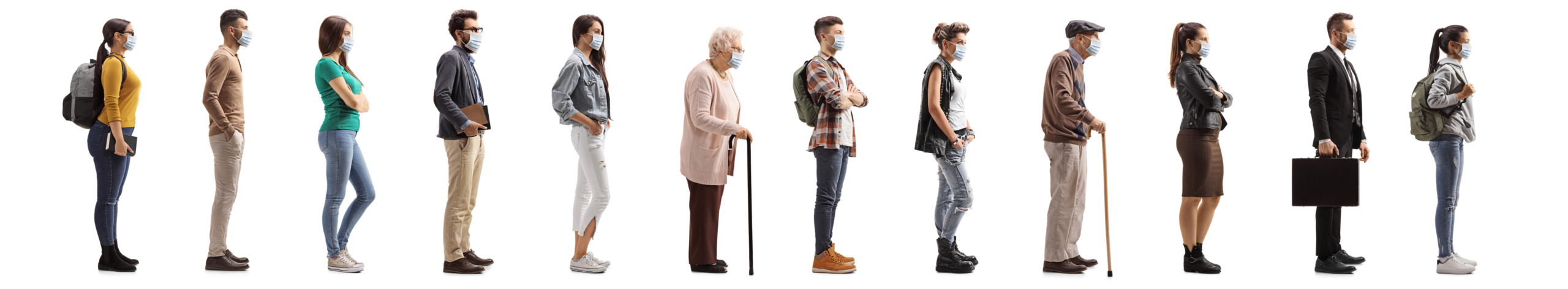 People waiting in line and wearing protective masks
