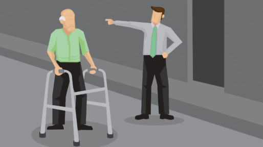 Young Man Discriminates Against Old Man Conceptual Vector Illustration