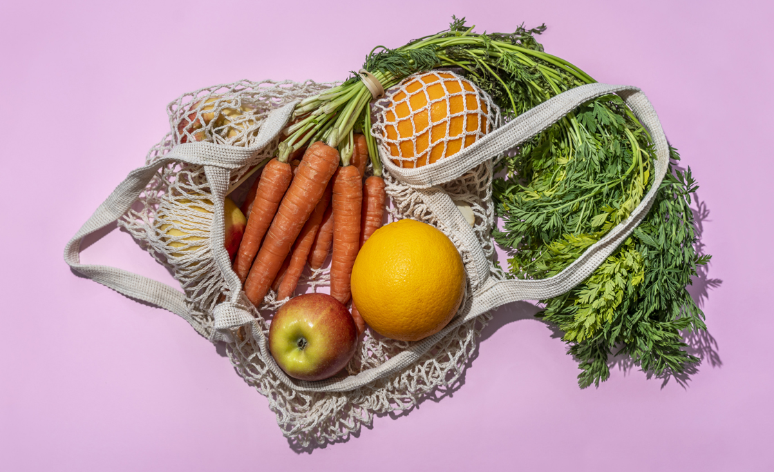 Reusable Cotton Mesh Bag With Fruit And Vegetables