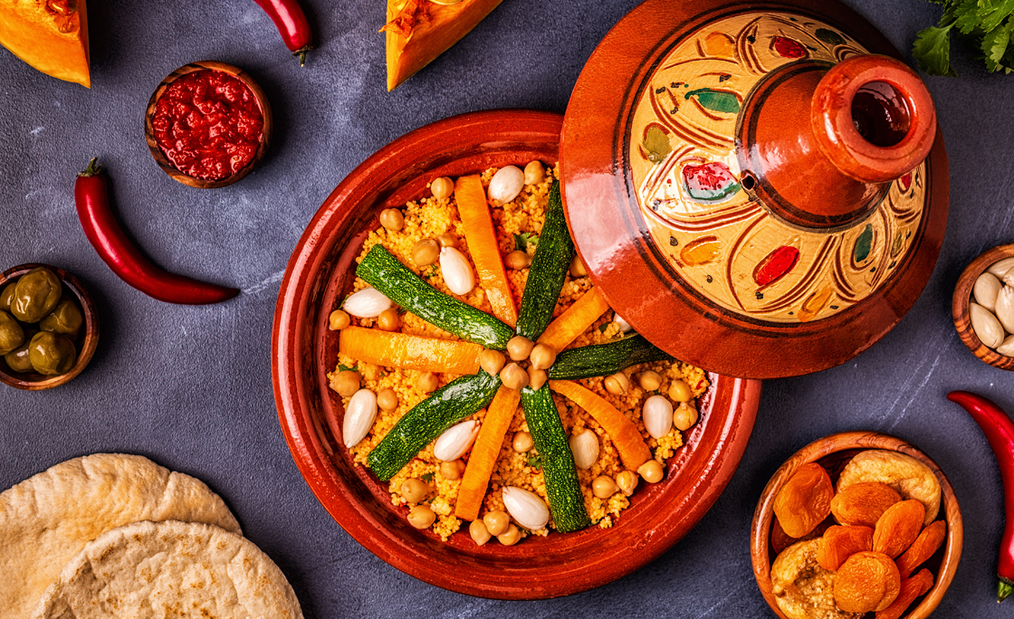 Vegetable tagine with almond and chickpea couscousm
