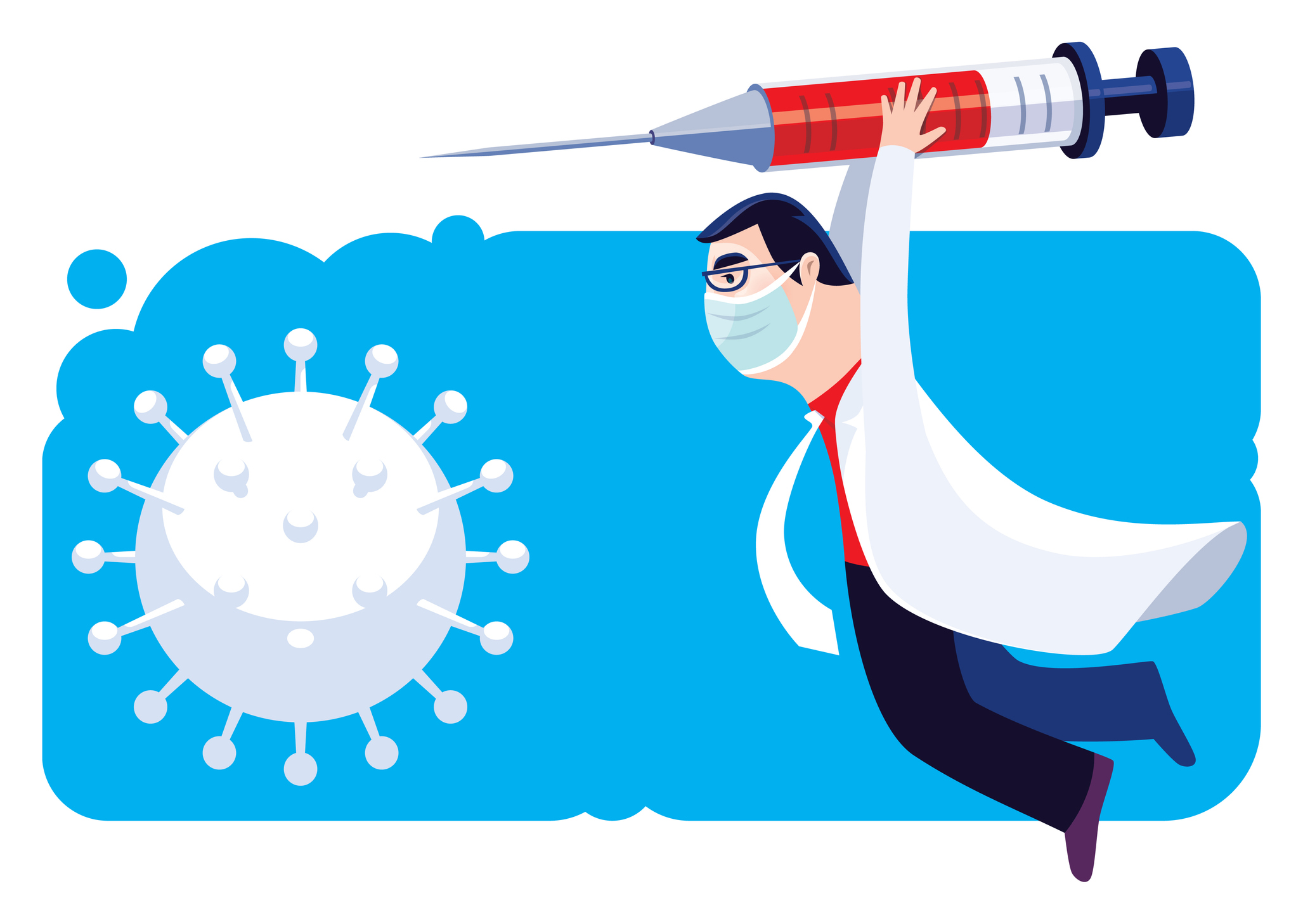 doctor holding big syringe and hitting virus