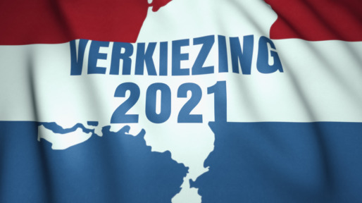 House of Representatives Election in the Netherlands concept. Election 2021 text in dutch language. Holland waving flag on the background. 3d illustration