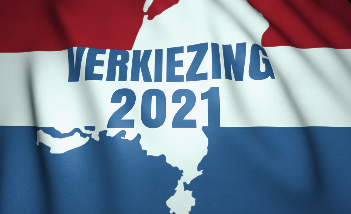 House of Representatives Election in the Netherlands concept. Election 2021 text in dutch language. Holland waving flag on the background. 3d illustration