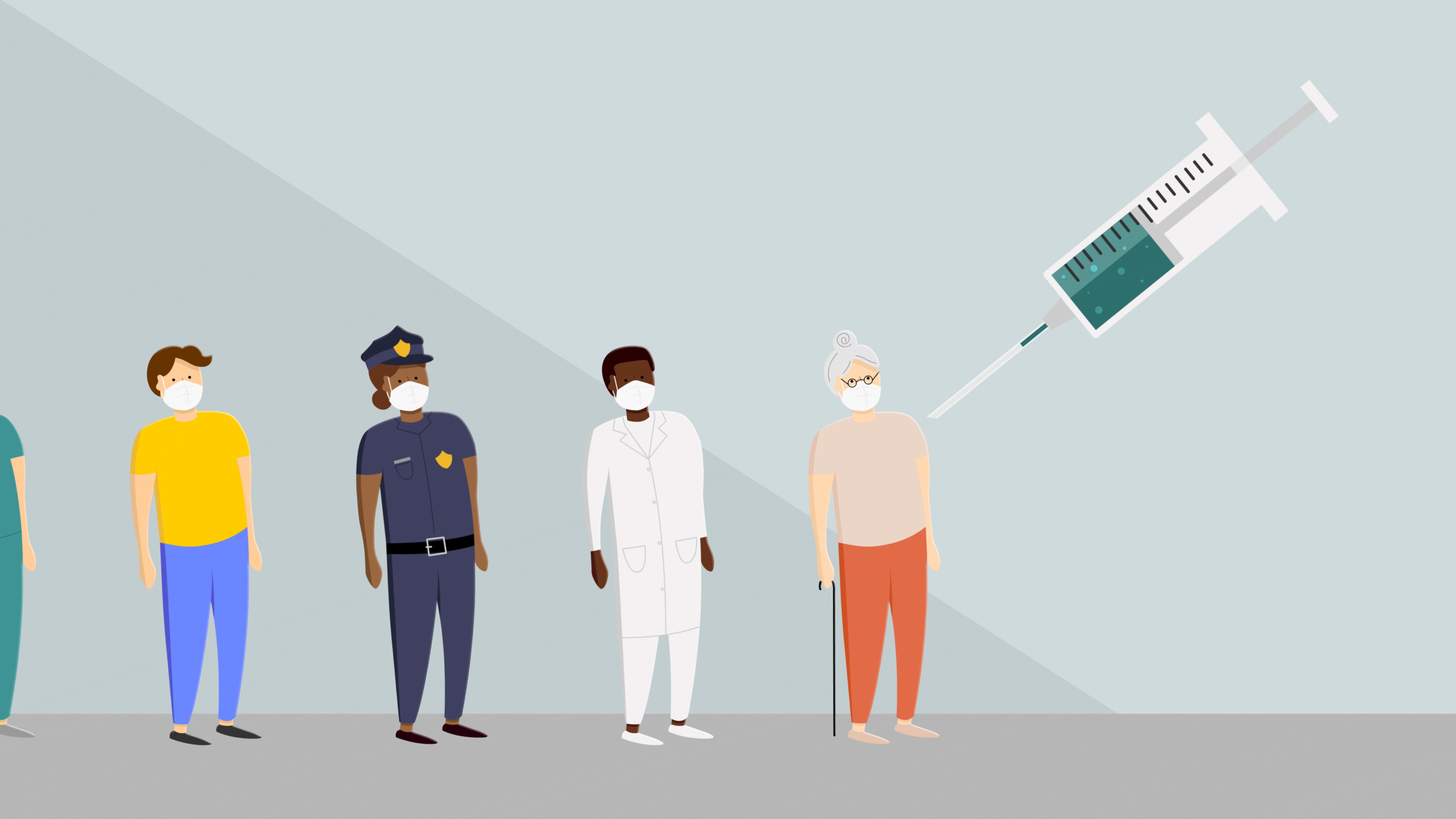 Illustration of different people wearing protective face masks getting a vaccine