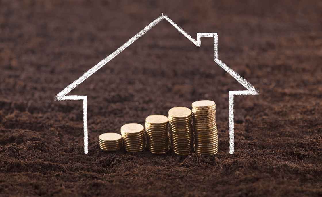 Drawing house with growing coins on fertile soil land